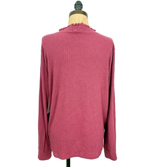 PINK CLOVER Ribbed Knit Mock Ruffle Neck Top XL Raspberry Long Sleeve NWT B50 - Picture 3 of 5
